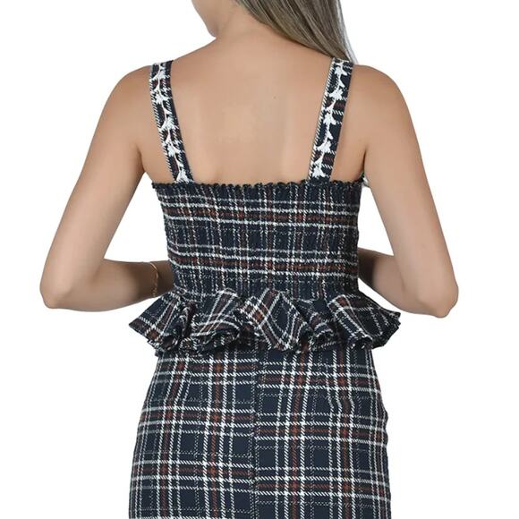 FANM MON Tweed Tartan Plaid Embroidered Square Neck Peplum Top XS NWT - Picture 3 of 9